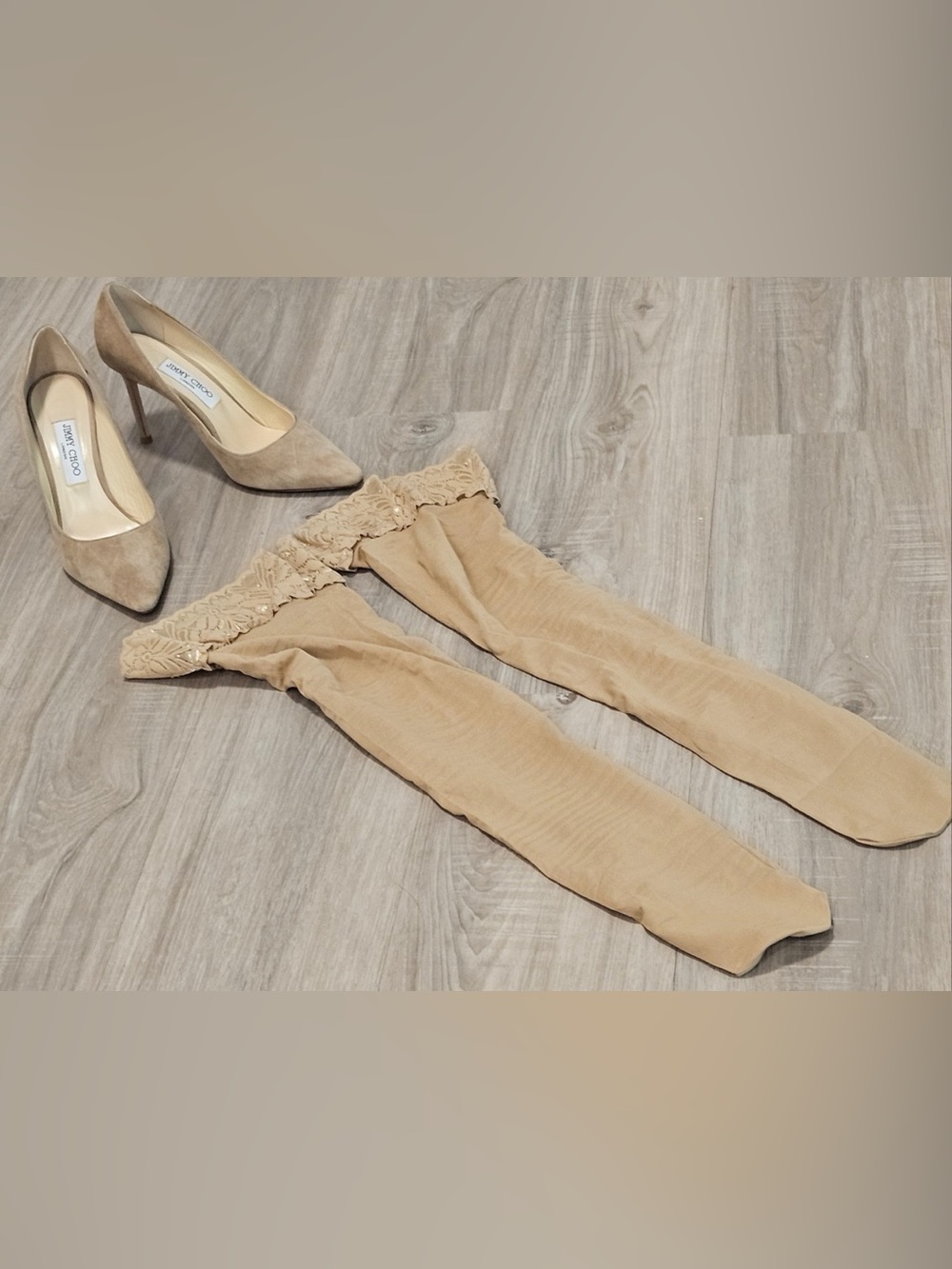 Beige Lace-Top Sheer Thigh-High Stockings - Women's Hosiery